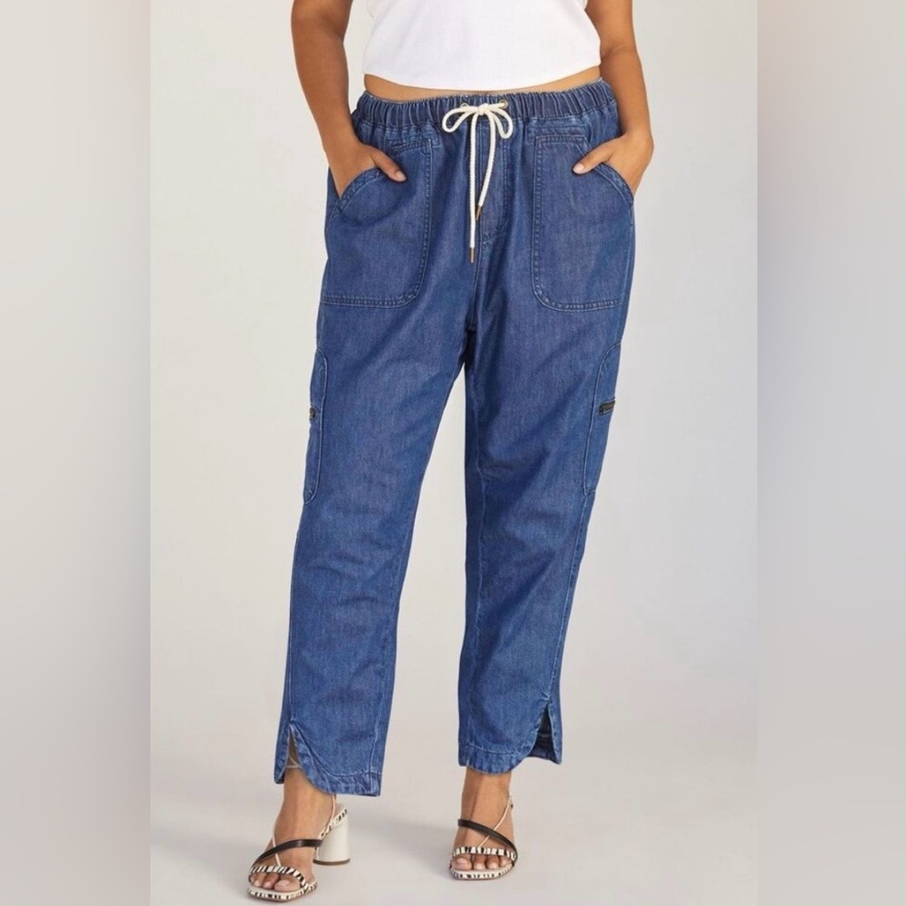 Anthropologie Pilcro Cottage Utility Cargo Blue Chambray Denim Drawstring Pants